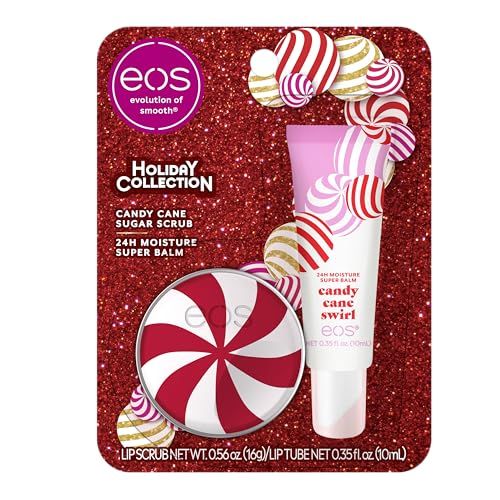eos Holiday Lip Treatment Gift Set- Candy Cane Swirl Lip Scrub &amp; 24H Moisture Super Balm, Limited-Edition Lip Care, Stocking Stuffers, 2-Pack