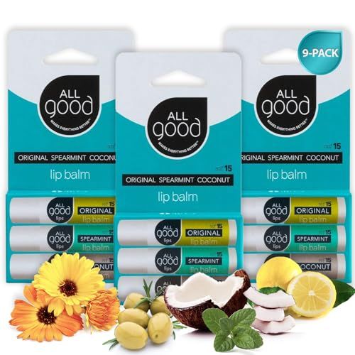 All Good Organic SPF15 Lip Balm - Hydrating Lip Care with Olive Oil, Beeswax, Calendula, Lavender, Vitamin E - Lip Moisturizer with Zinc Oxide Protection - Original, Spearmint &amp; Coconut (9-pack)