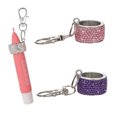 Lip Balm Holder Keychian Bling Crystal Lip Gloss Key Chain Cap Travel Lipgloss Case with Keyring(PinkPurple)