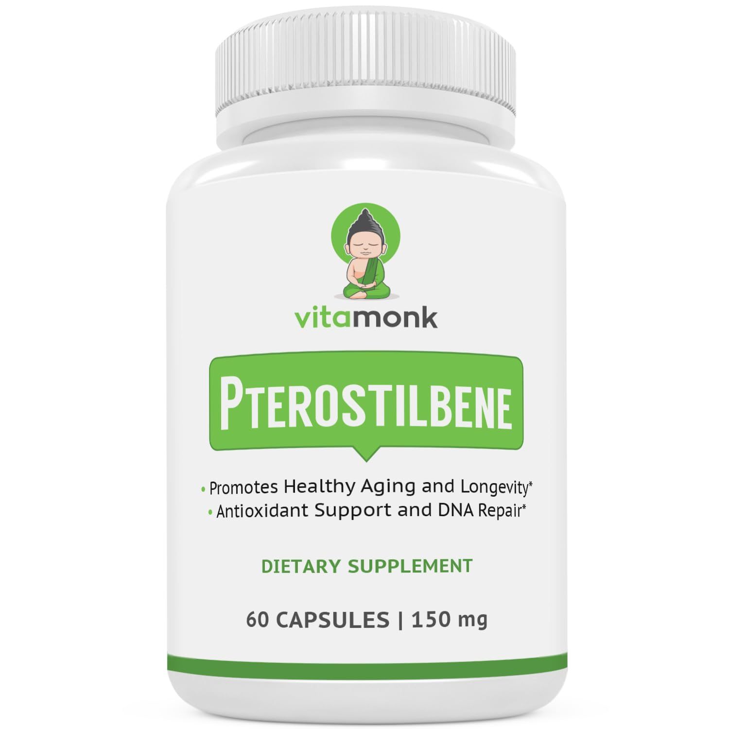 VitaMonk Pterostilbene 150mg Capsules No Artificial Fillers - Soy Free Trans-Pterostilbene Supplement which Promotes Healthy Aging and Longevity - 60 Veggie-Caps - Improved Resveratrol