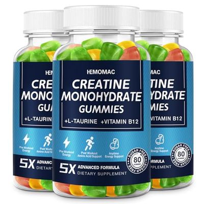 HEMOMAC Creatine Monohydrate Gummies 5g for Men &amp; Women, Creatine Gummy for Muscle Strength, Energy Boost, Workout Supplement, 3 Pack, Vegan and Fruity