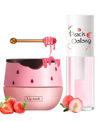 2PCS Strawberry Lip Balm Honey Pot Lip Mask &amp; Hydrating Lip Glowy Oil Lip Care Set, Lip Moisturizing Treatment Nourishing Lip Gloss, Reduce Lip Line &amp; Plump Dry Cracked Lip Scrub Exfoliator -Set B