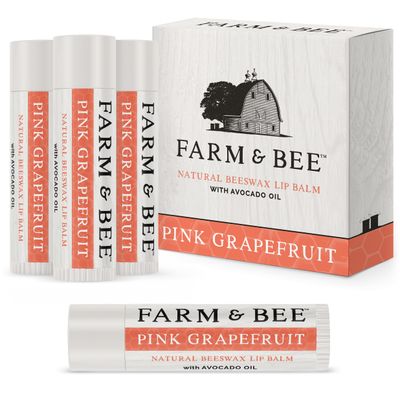 Natural Lip Balm - Organic &amp; Natural Ingredients - Beeswax Based Moisturizing Lip Care Chapstick for Dry Cracked Lips - Great Gift Idea - Farm &amp; Bee - 0.15oz (Pack of 4 - Pink Grapefruit)