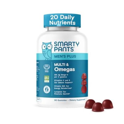 SmartyPants Men&#39;s Multivitamin Gummies - Improved Formula: Omega 3 (DHA/EPA), Methylfolate, Vitamin D3, C, Vitamin B12, B6, Vitamin A, K, Zinc &amp; Selenium, Gluten Free, 90 Count (30 Day Supply)