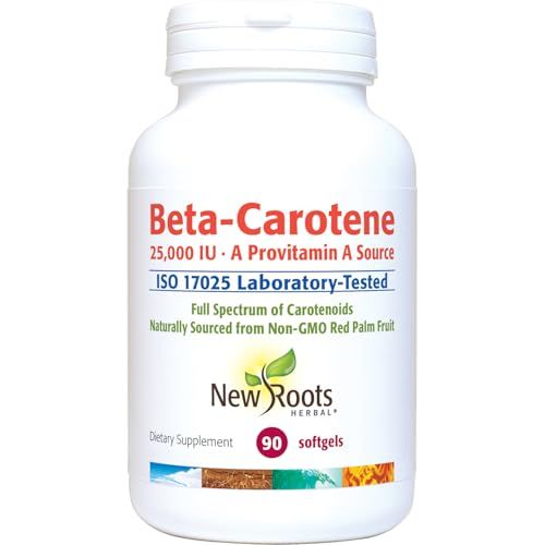 NEW ROOTS HERBAL Beta-Carotene 25,000 IU Supplements | Vitamin A (90 Softgels) | Full Spectrum of Carotenoids | Naturally Sourced from Non-GMO Red Palm Fruit Organic Flax Seed Oil
