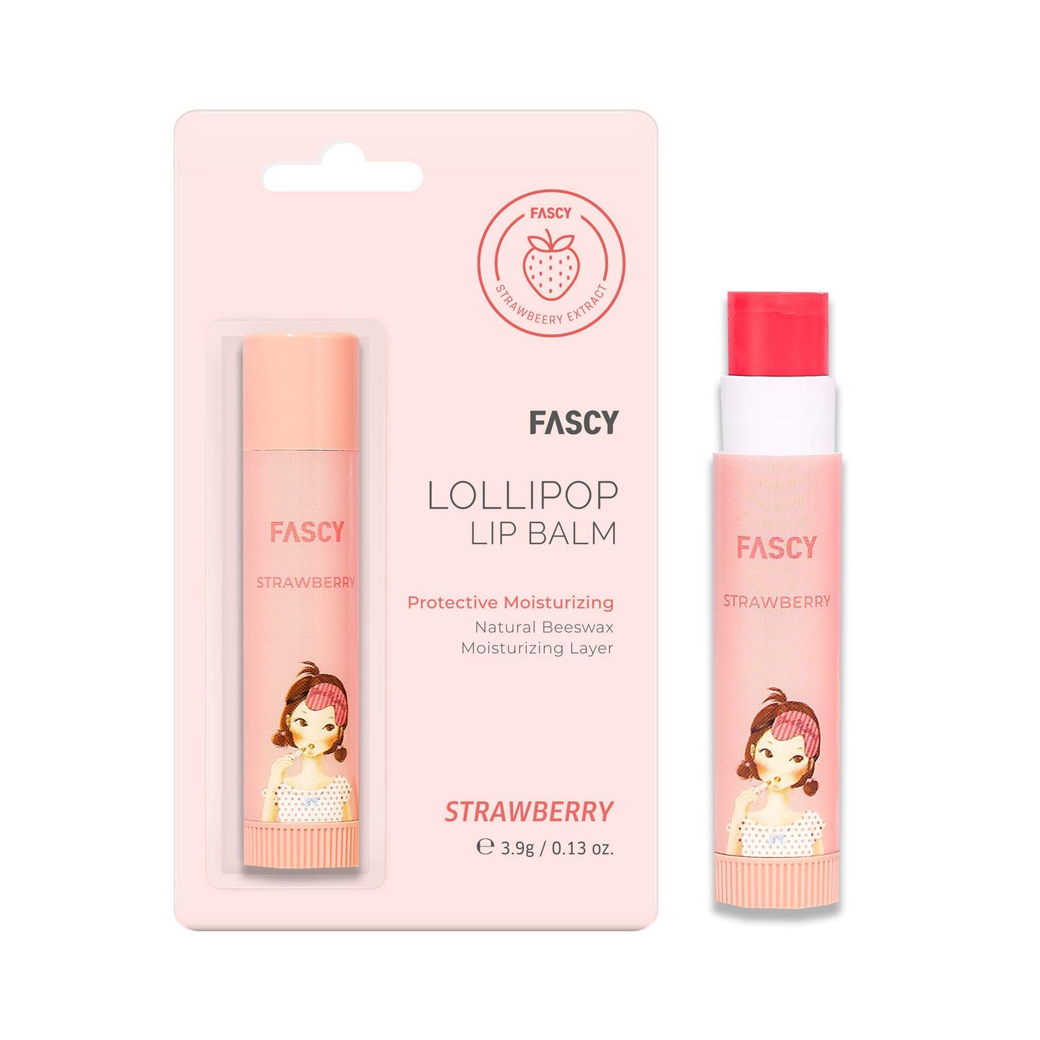 FASCY Lollipop Lip Balm - Lip Balms &amp; Moisturizers, Premium Korean Beeswax Moisturizing Shea Butter, Natural Soybean, and Vitamin E - Paraben-Free - Small (0.13 oz) (Strawberry)