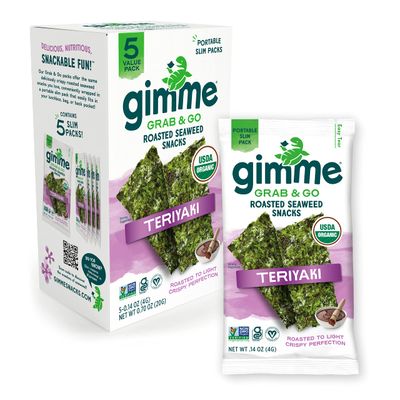 Gimme Seaweed Grab &amp; Go Organic Premium Roasted Seaweed Snacks, Teriyaki, 5 Count Trayless, Keto, Vegan, Gluten-Free, Source of Omega3s and Iodine, Healthy On-The-Go Snack for Kids and Adults