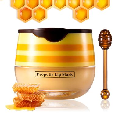 Honey Lip Balm,Hydrating &amp; Prevention Dry and Dry Cracked Lips,Moisturizing Sleeping Lip Mask with Brush,Reduces Lip Lines,Lip Exfoliating Lip Balm Honey Pot