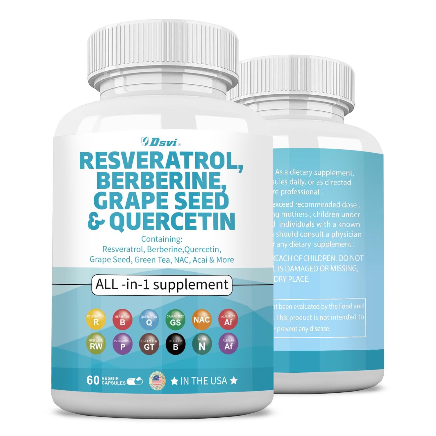Dsvi 60 Capsules Resveratrol 6000mg Berberine 3000mg Grape Seed Extract 3000mg Quercetin 4000mg Green Tea Extract Polyphenol Supplement with N-Acetyl Cysteine Acai Extract for Women and Men,USA