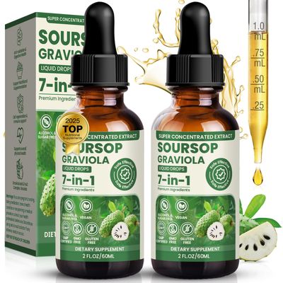 16-in-1 Formula Soursop Graviola Liquid Drop 2 60ml Organic Multivitamin Drops Pure Soursop Leave Fruit Complex Extract Bitters Liquid for Cell Support Regeneration Immune Boost Natural Antioxidant