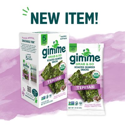 Gimme Seaweed Grab &amp; Go Organic Premium Roasted Seaweed Snacks, Teriyaki, 5 Count Trayless, Keto, Vegan, Gluten-Free, Source of Omega3s and Iodine, Healthy On-The-Go Snack for Kids and Adults