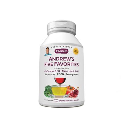 ANDREW LESSMAN Andrew&#39;s Five Favorites 500 Capsules - Provides 200mg Each of Coenzyme Q-10, Resveratrol, EGCG, Pomegranate and Alpha Lipoic Acid, Powerful Anti-Oxidant Support, No Additives