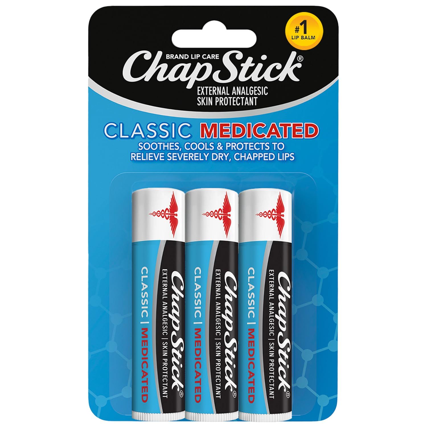 ChapStick Classic Medicated Lip Balm 3-Pack - External Analgesic, Skin Protectant for Dry Lips &amp; Cold Sore Pain Relief, 0.15 Oz Ea