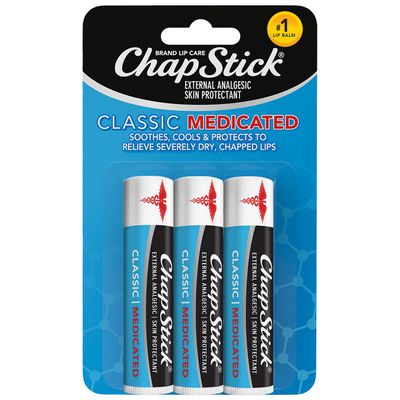 ChapStick Classic Medicated Lip Balm 3-Pack - External Analgesic, Skin Protectant for Dry Lips &amp; Cold Sore Pain Relief, 0.15 Oz Ea