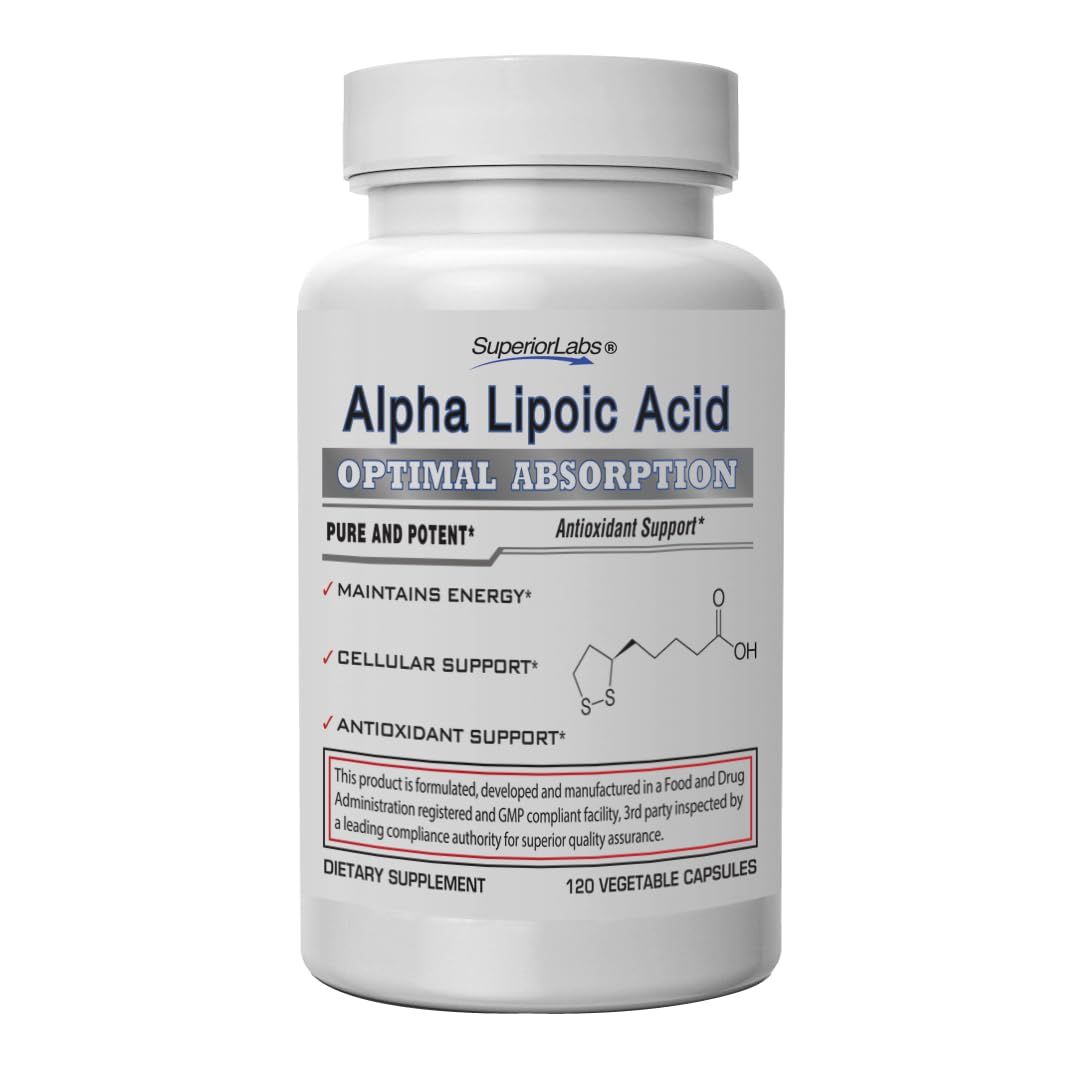 Superior Labs Alpha Lipoic Acid 600mg Capsules, Pure Non-GMO ALA, High Absorption Nerve &amp; Neuropathy Support, Tingling Feet/Hands Relief, Healthy Aging Antioxidant, 120 Veg Caps, 4-Month Supply