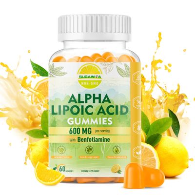 SUGAWITA Alpha Lipoic Acid Gummies - Vegan, Sugar-Free,600 mg ALA Supplement - Pure ALA R-Alpha Lipoic Acid 600mg with Benfotiamine for Nerve Support, Antioxidant Support - 60 Counts