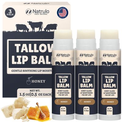 Beef Tallow Lip Balm - Natural Tallow Beeswax Chapstick - Hydrating Moisturizer Grass Fed Bison Tallow Balm Lip Care - Soothes Chapped Dry Lips, Sensitive Skin - Long Lasting Vitamin Rich USA-Made 3Pk