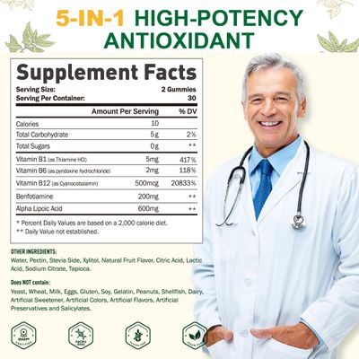 SUGAWITA Alpha Lipoic Acid Gummies - Vegan, Sugar-Free,600 mg ALA Supplement - Pure ALA R-Alpha Lipoic Acid 600mg with Benfotiamine for Nerve Support, Antioxidant Support - 60 Counts