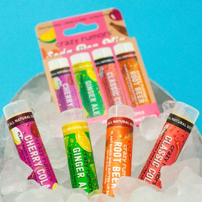 Crazy Rumors Soda Pop Mix Lip Balm 4-Pack Mix (Cherry Cola, Ginger Ale, Classic Cola, Root Beer) 100 Natural, Vegan, Plant-Based, Made in USA