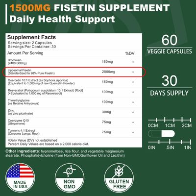 NICMIN Liposomal Fisetin Supplement, 2000MG, 98 Pure Fisetin Polyphenols Antioxidants, with Quercetin, TMG and Resveratrol, for Healthy Aging, Cognitive Support, 60 Capsules