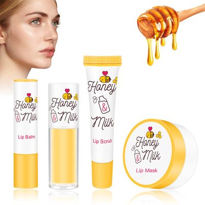 LSxia 4 Piece Honey Milk Lip Mask Lip Balm Lip Scrub Lip Oil Lip Care Kit, Moisturizing &amp; Nourishing Dry and Cracked Lips, Overnight Sleeping Lip Exfoliator Lip Moisturizer Lip Repair