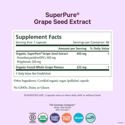 Pure Synergy SuperPure Grape Seed Extract | Organic Grape Seed Polyphenols Supplement with Whole Fruit | for Heart Health, Skin, and Healthy Aging Support (60 Capsules)