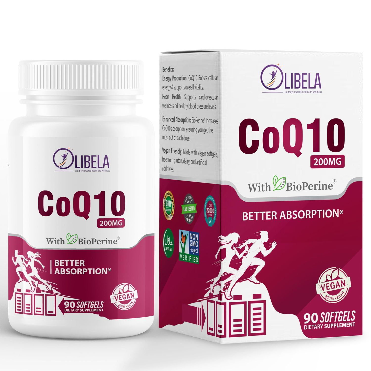 OLIBELA CoQ10 200mg Vegan Softgels with BioPerine, Better Absorption, Naturally Fermented, Heart Health &amp; Energy Support, Antioxidant Supplement, Easy to Swallow, Gluten-Free, 3 Month Supply, 90 Count