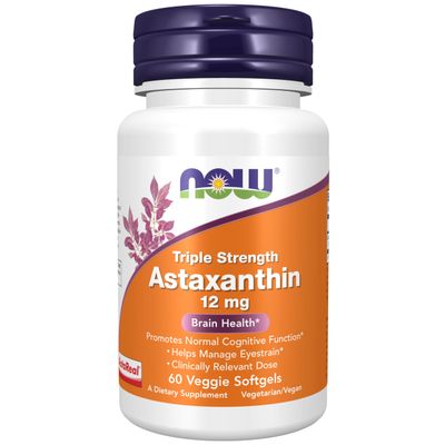 NOW Supplements, Triple Strength Astaxanthin 12 mg, Triple Strength, Brain Health, Helps Manage Eye Strain, 60 Veggie Softgels
