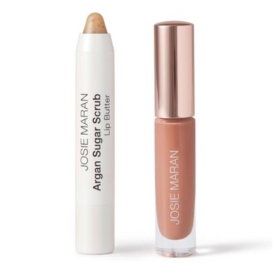 Josie Maran Lip Exfoliator Scrub &amp; Plumping Lip Gloss - Argan Sugar Scrub Lip Butter in Crystal Clear &amp; Hyaluronic Lip Booster in Happy - Buff Away Dry Skin for Soft Lips (2 Piece Lip Care Kit)