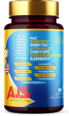 AJS Quercetin 4000mg with Nac Green Tea Cordycepscitrus Elderberry Selenium Bromelain Echinacea Turmeric Resveratrol Astaxanthin Feverfew Ginger Reishi Mushroom 90 Caps 20 in 1