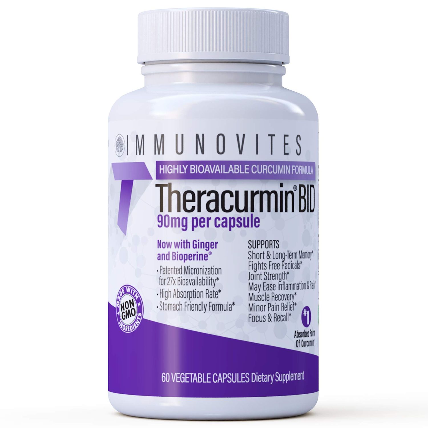 IMMUNOVITES Theracurmin BID 300mg (Nano Curcumin 90mg per Cap.) 600mg per Serving - Now w/Ginger &amp; Bioperine (60ct Bottle)