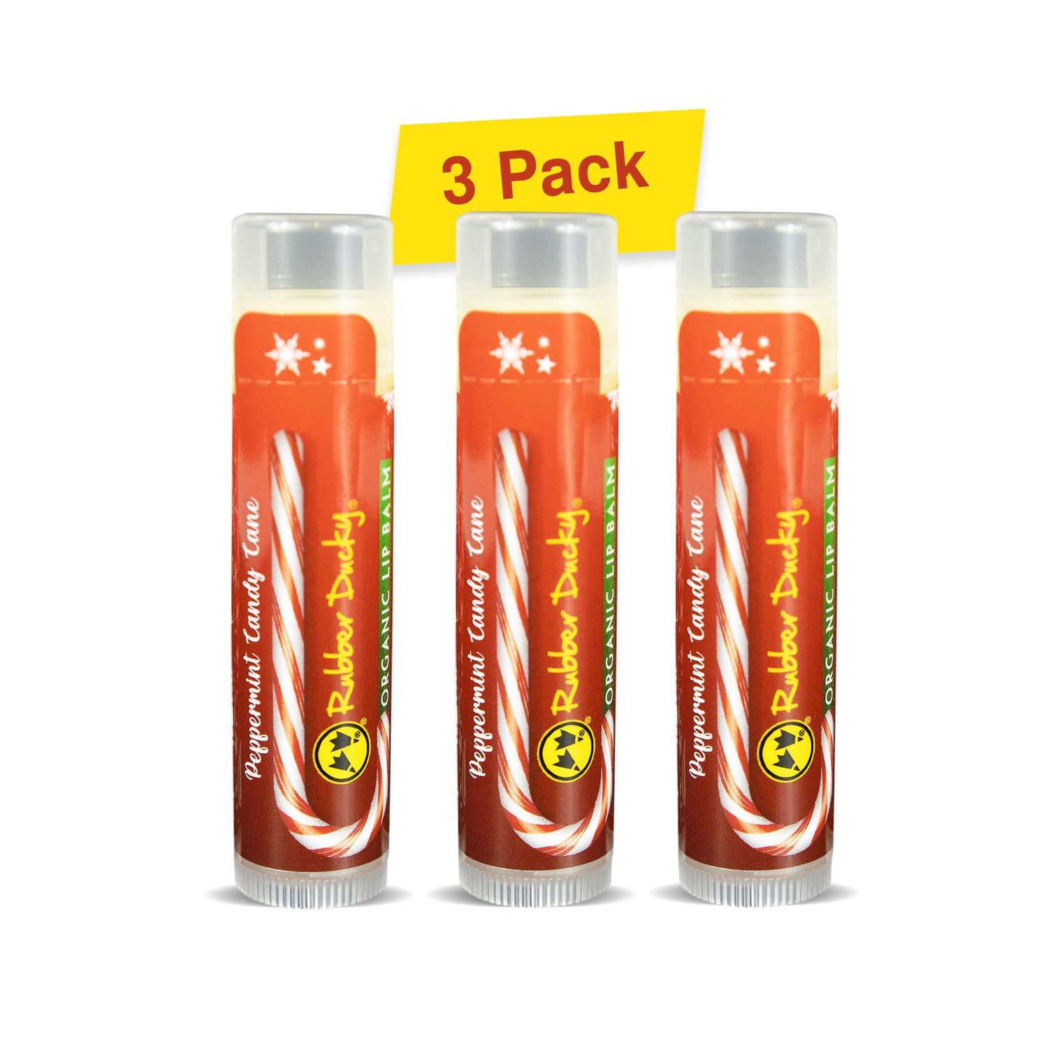 Rubber Ducky Carefree, Natural Organic Lip Balm - Lip Hydration &amp; Lip Moisturizer for Very Dry Lips - Candy Cane Peppermint Lip Balm Flavor with Vitamin E - Vegan, Certified Organic Lip Care - 3 Pack