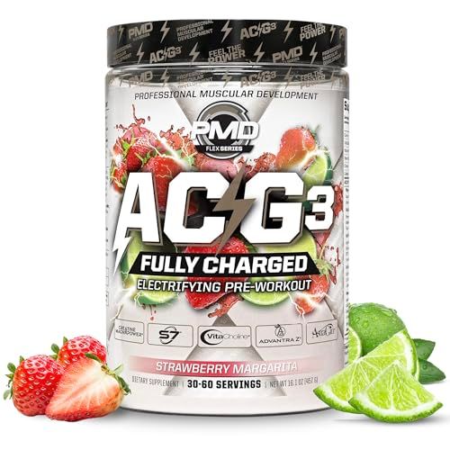 PMD Sports ACG3 Fully Charged - Electrifying Pre Workout Powder - High Energy &amp; Pump Pre Workout for Men and Women to Maximize Focus, Endurance &amp; Performance - Strawberry Margarita (30-60 Servings)