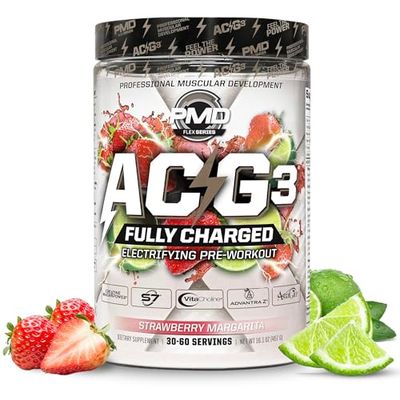 PMD Sports ACG3 Fully Charged - Electrifying Pre Workout Powder - High Energy &amp; Pump Pre Workout for Men and Women to Maximize Focus, Endurance &amp; Performance - Strawberry Margarita (30-60 Servings)