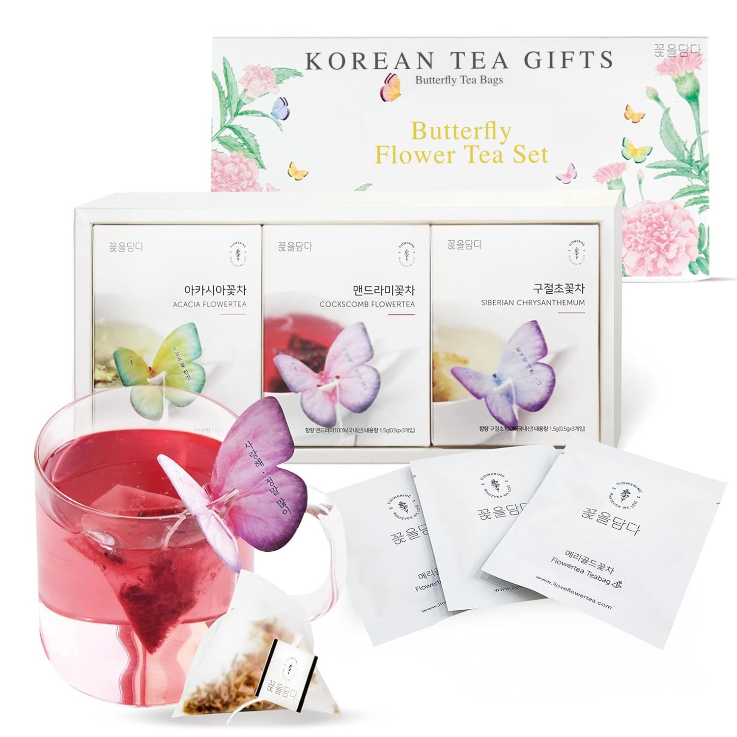 KKOKDAM Korean Tea Gift Set Sampler - 3 Flavor Pink Butterfly Tea Bag Sampler - Elegant Box for Tea Lovers - Perfect as Korean Gifts for Women