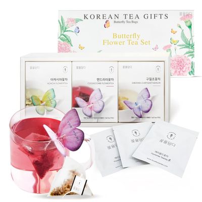 KKOKDAM Korean Tea Gift Set Sampler - 3 Flavor Pink Butterfly Tea Bag Sampler - Elegant Box for Tea Lovers - Perfect as Korean Gifts for Women