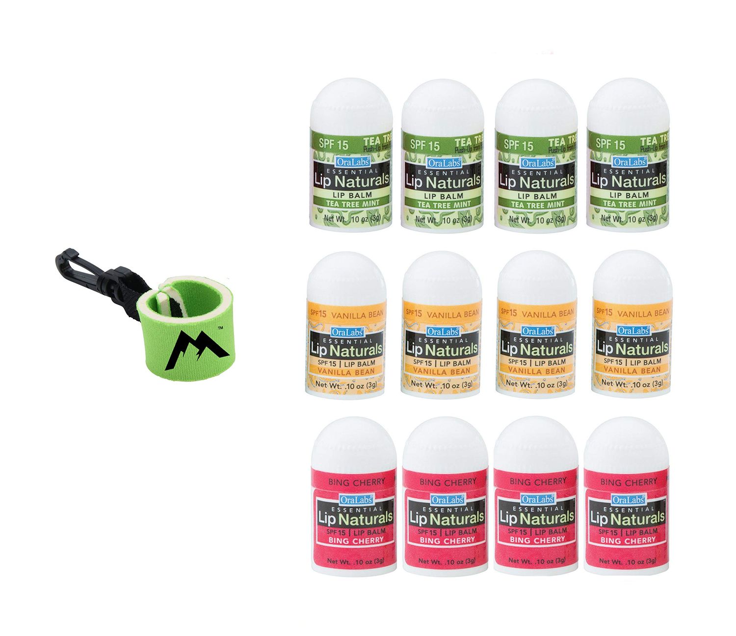 Lip Naturals Assorted Mini Lip Balms with Sunscreen (SPF-15) &amp; Keychain - 12 Count, 3 Flavors: Tea Tree Mint, Vanilla Bean, Bing Cherry (0.10oz/3g Each) - Made in USA