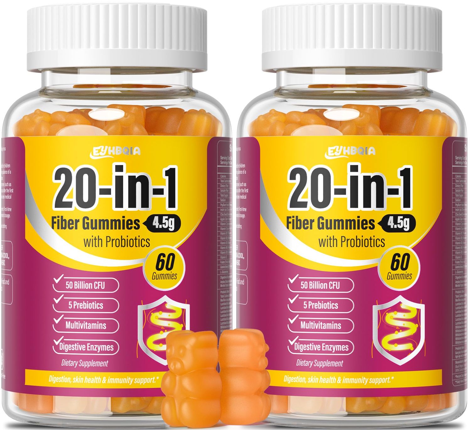 EYHBQIA Fiber Supplement Fiber Gummies for Adults 50 Billion CFU Probiotic Gummies with Inulin Prebiotic Psyllium Husk 20 in 1, Support for Women Men Gut &amp; Digestive Health 120-Count Orange