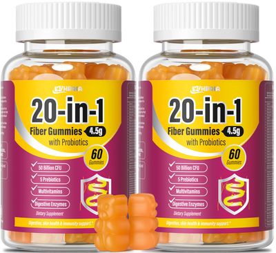 EYHBQIA Fiber Supplement Fiber Gummies for Adults 50 Billion CFU Probiotic Gummies with Inulin Prebiotic Psyllium Husk 20 in 1, Support for Women Men Gut &amp; Digestive Health 120-Count Orange