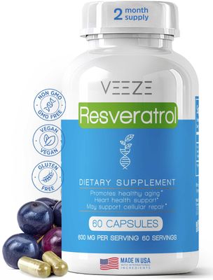VEEZE Resveratrol Supplement 600mg 60 Capsules &amp; 60 Servings - Made in USA Natural &amp; Organic Resveratrol - Rich in Antioxidants &amp; Trans Resveratrol for Well-Being Support - Premium Organic Resveratrol