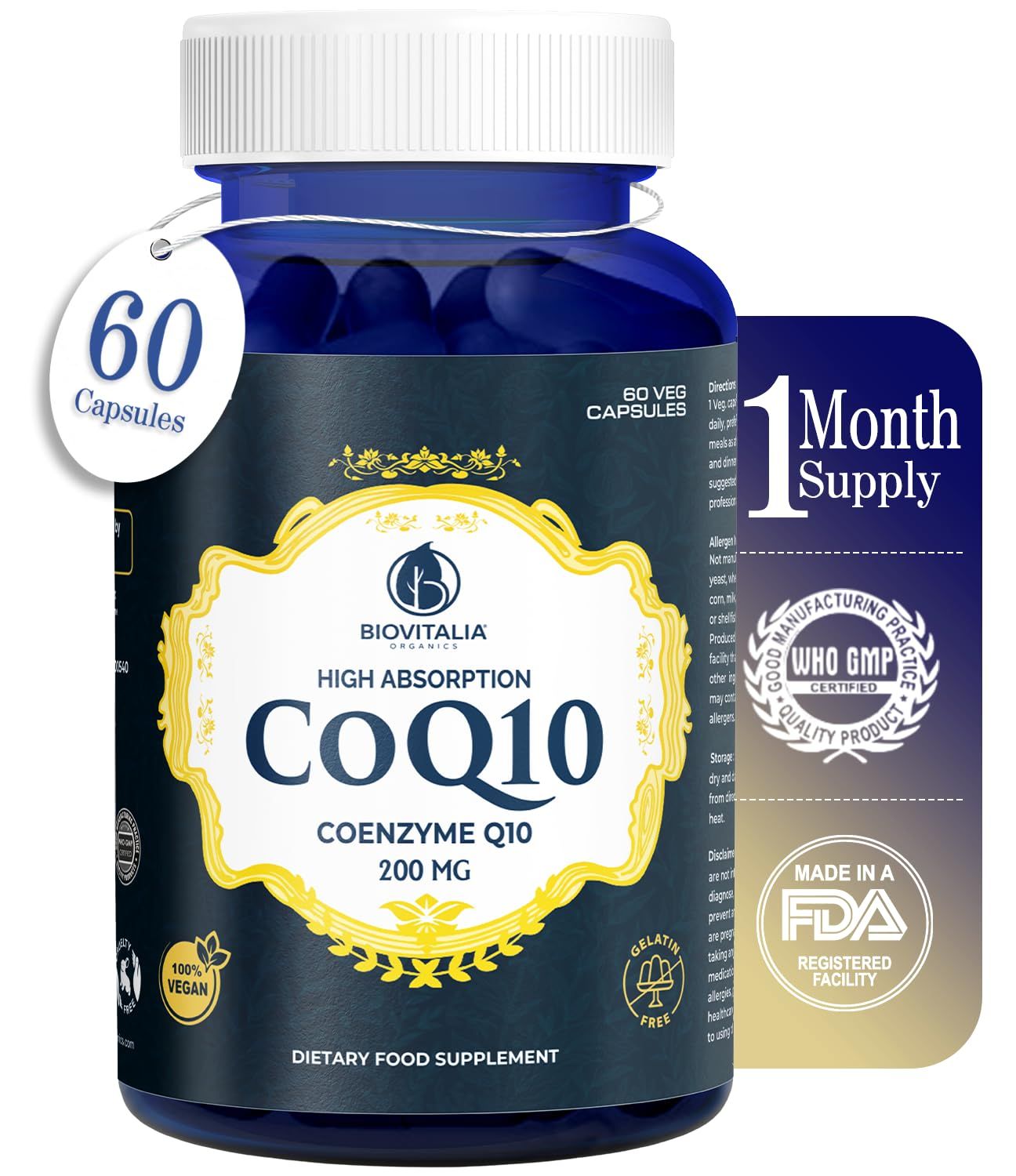 Biovitalia CoQ10 200 mg Coenzyme Q10 Supplement Capsules for Heart Health enriched with High Antioxidants for Daily Energy Promote Brain &amp; Memory Health - 60 Vegan Capsules