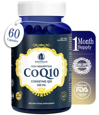 Biovitalia CoQ10 200 mg Coenzyme Q10 Supplement Capsules for Heart Health enriched with High Antioxidants for Daily Energy Promote Brain &amp; Memory Health - 60 Vegan Capsules