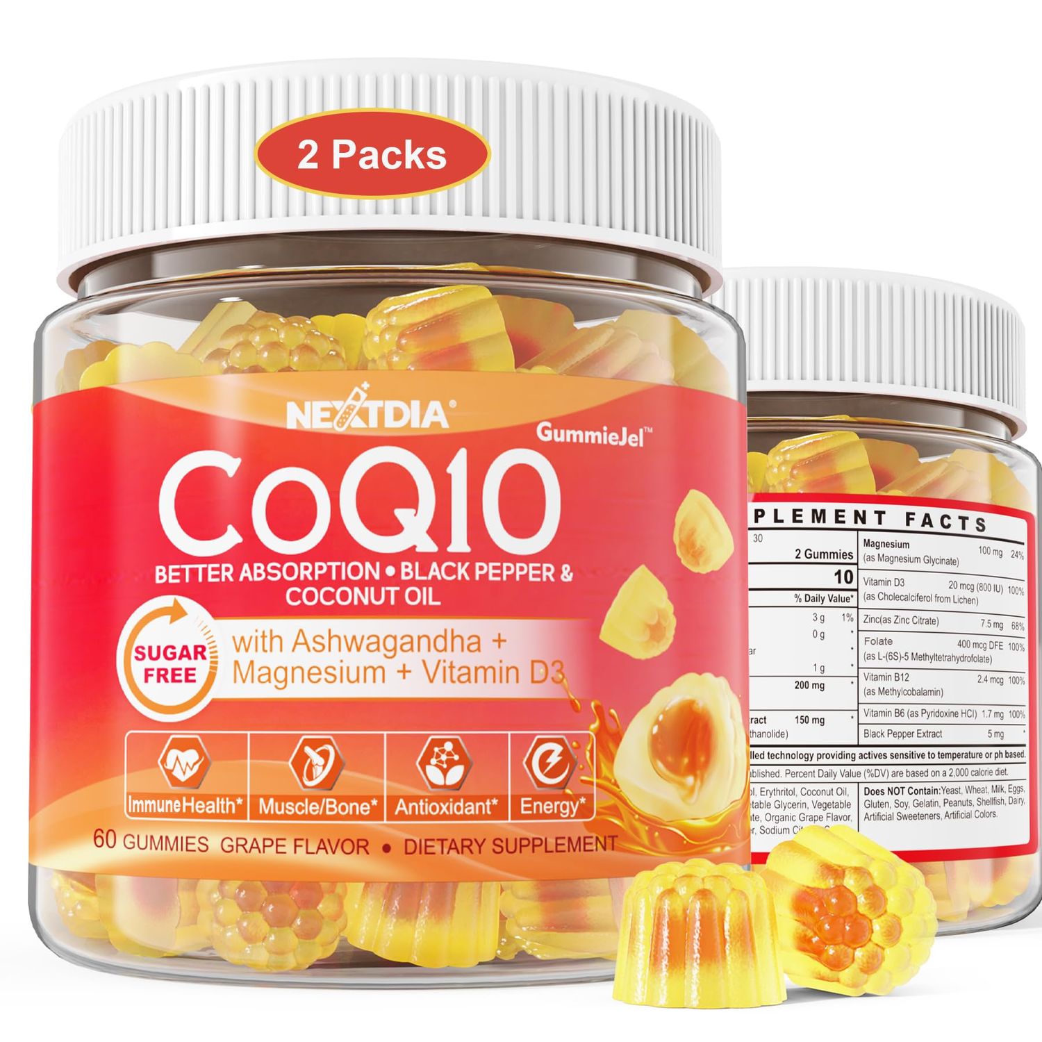 CoQ10 Gummies for Adults - Sugar Free CoQ10 100mg/200mg w/ Magnesium, Ashwagandha, Methyl Vitamins B9, B12, B6, Black Pepper, High Absorption CoQ10 Supplement - Energy, Antioxidant, Relax &amp; Bone,2Pack