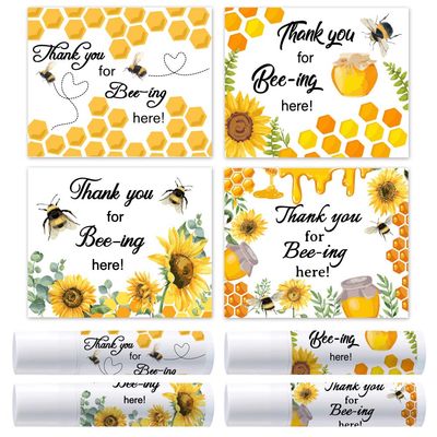 OLYCRAFT 100Pcs 4 Styles Bee Lip Balm Labels Stickers 2.1x1.7 inch Self-Adhesive Favor Lip Balms Bee Honeycomb Stickers with Thank You Words for Lipstick Wrapping Decorations Birthday Party Supplies