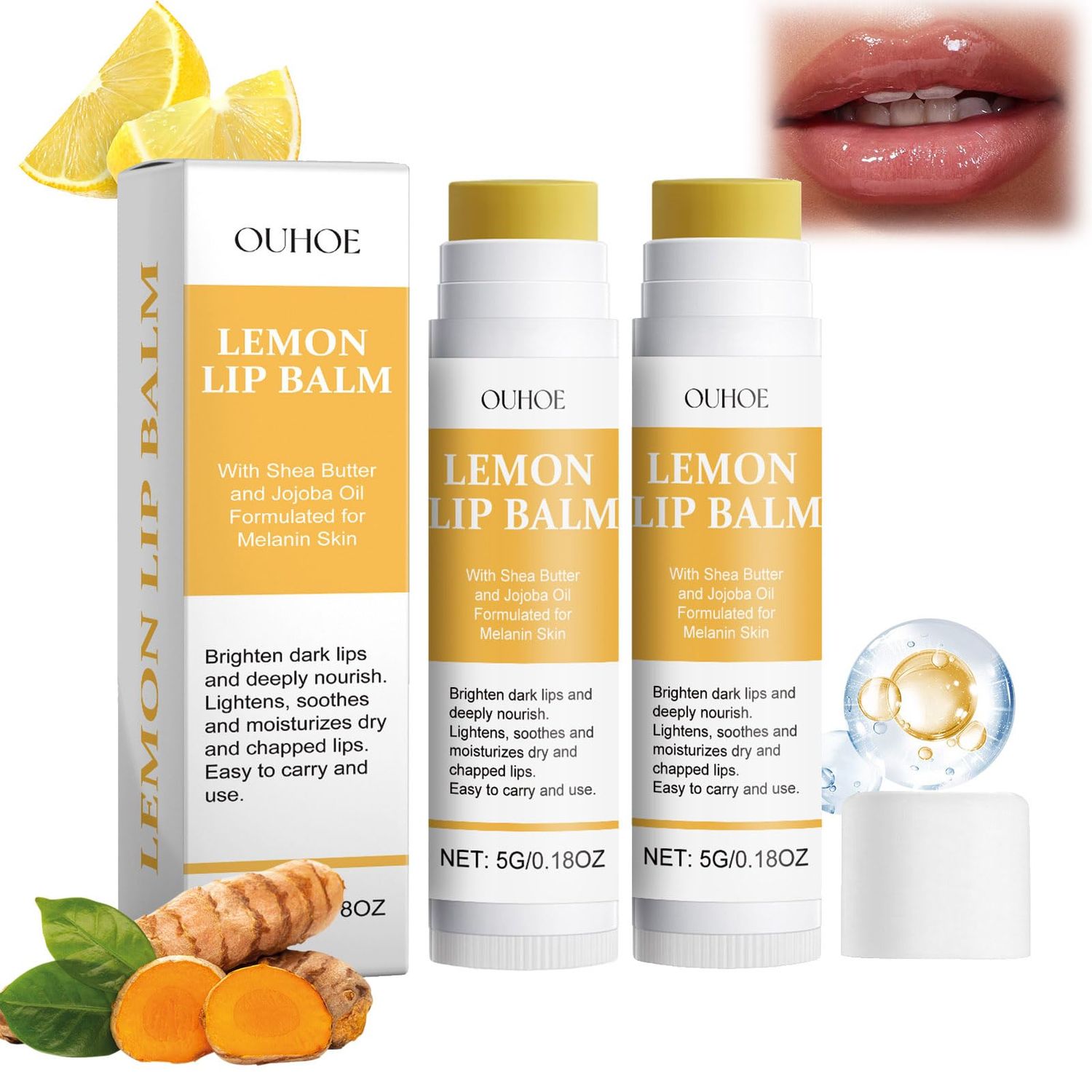 Lemon and Turmeric Lip Balm,Vitamin C Lip Moisturizing Balm for Dark Lips-Prevents Dry,Reduces Lip Lines,Organic Turmeric Lip Balm-Lip Exfoliator Scrub for Lip Softening &amp; Hydration (2Pcs)