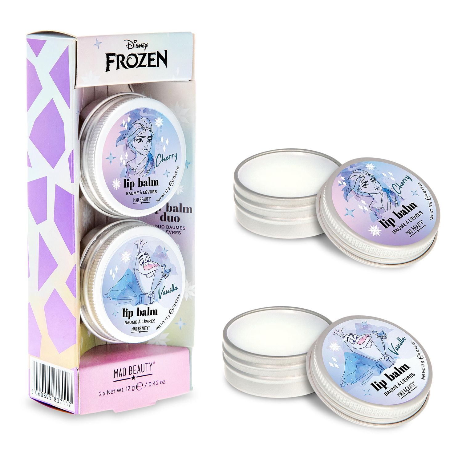 MAD Beauty Disney Frozen Lip Balm Set Duo Olaf &amp; Elsa Tin Box, Cherry &amp; Vanilla Lip Balms, Scented, Fragranced, Cute Skincare Gift for Women and Girl