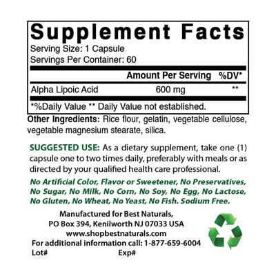 Best Naturals Alpha Lipoic Acid 600 mg 60 Capsules - ALA Powerful Antioxidant (60 Count (Pack of 3))