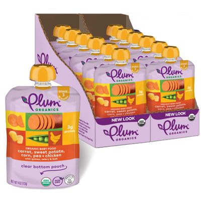 Plum Organics Stage 3 Organic Baby Food - Carrot, Sweet Potato, Corn, Pea, and Chicken - 4 oz Pouch (Pack of 12) - Organic Baby Food Pouch