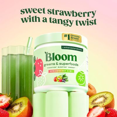 Bloom Nutrition Greens and Superfoods Powder for Digestive Health, Greens Powder, Digestive Enzymes, Probiotics, Spirulina, Chlorella for Bloating &amp; Gut Support, Green Juice, 30 SVG, Strawberry Kiwi
