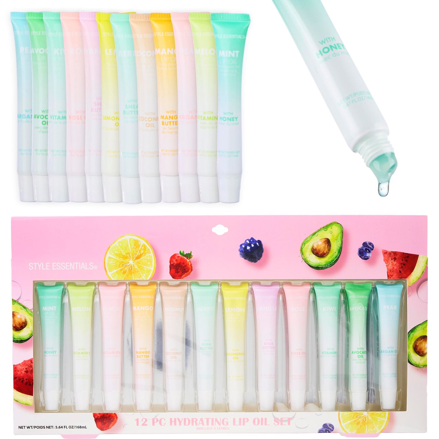 12pc Lip Oil Set - Flavored Lip Oils Value Pack, Hydrating Lip Oils w/Squeeze Tube Application, Moisturizing Lip Oil Collection for Everyday Lip Care and Lip Repair (FRUITS)